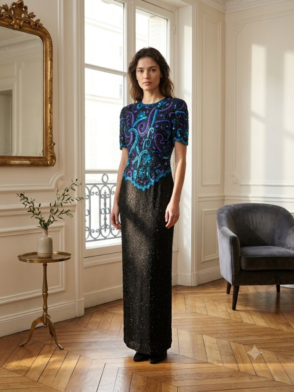 Laurence Kazar Black Beaded Evening Gown with Turquoise Purple Sequin Bodice XL